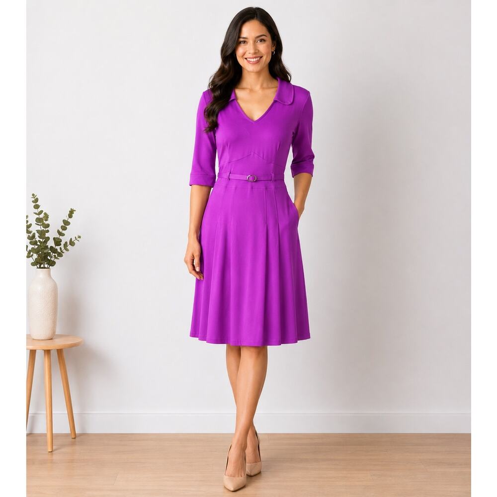 Vintage Chadwick's Purple 1970s Polyester Spandex Dress Women's Size 6 80s Retro